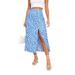 ASOS DESIGN Petite button through midi sk with split in blue and white zebra print