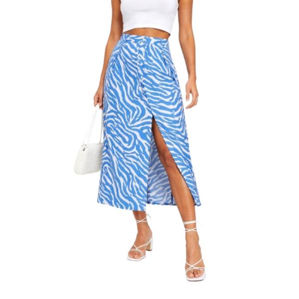 ASOS DESIGN Petite button through midi sk with split in blue and white zebra print
