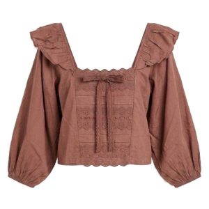 Asos Design square neck top with frill detail & ribbon inser in chocoloate brown