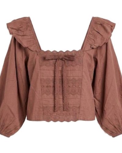 Asos Design square neck top with frill detail & ribbon inser in chocoloate brown