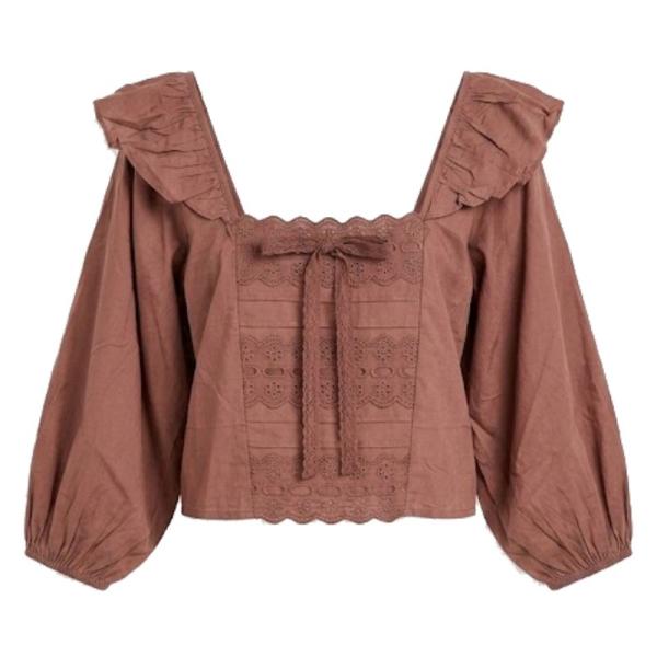 Asos Design square neck top with frill detail & ribbon inser in chocoloate brown
