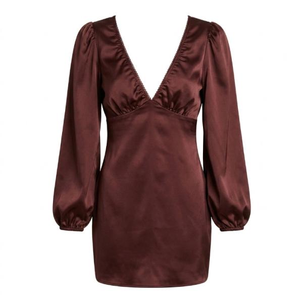 ASOS DESIGN v front satin mini dress with picot trim in chocolate brown