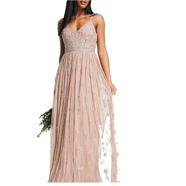 Beauut Petite Bridesmaid delicate embellished midi dress with tulie skirt in taupe