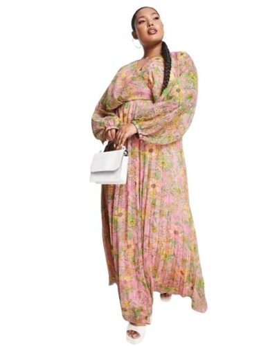ASOS DESIGN pleated maxi dress in pink and yellow floral
