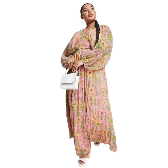 ASOS DESIGN pleated maxi dress in pink and yellow floral