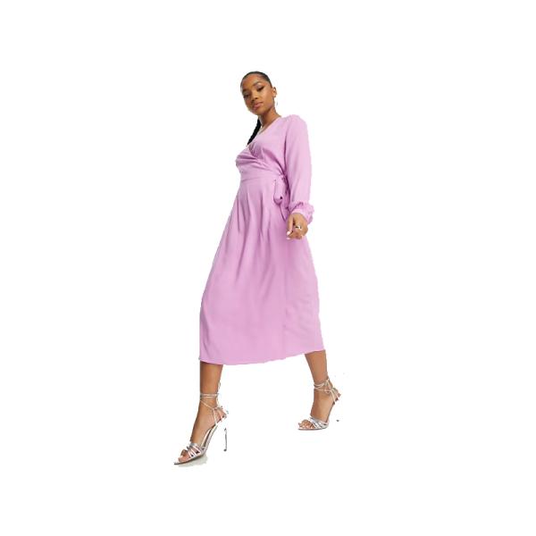 ASOS DESIGN ruched detail midi dress with wrap bodice in lilac