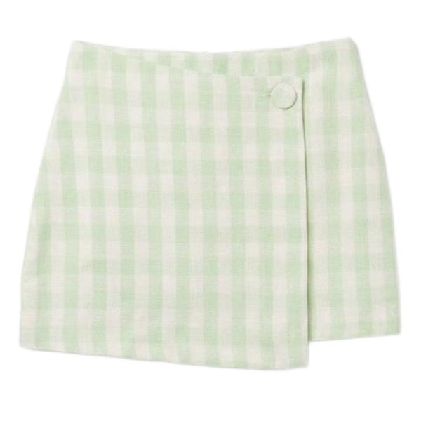 Miss Selfridge gingham linen wrap over mini skirt in green co-ord