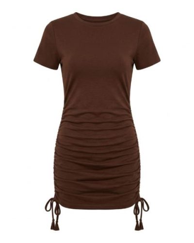 THREADBARE Ruched tie side mini Dress in chocolate brown