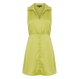 Lola May button detail collared mini dress in chartreuse