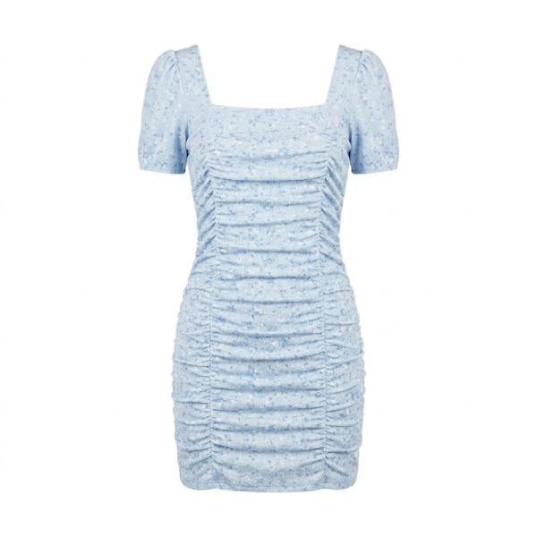 ASOS DESIGN Petite textured ruched mini dress with short sleeves in pastel blue floral print