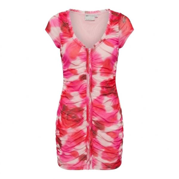 ASOS DESIGN short sleeve mesh mini dress with hook and eye detail in pink blurred floral