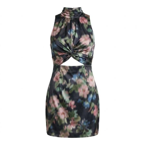 ASOS DESIGN knot front high neck cutout mini satin dress in blurred floral print