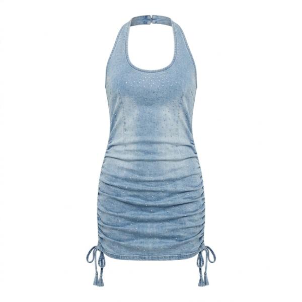 ASYOU hot fix halter neck denim dress in bleach blue