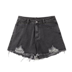 ASOS DESIGN denim mid rise relaxed shorts in washed black with rips