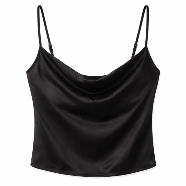 Parisian satin cami strap top with cowl neck in black