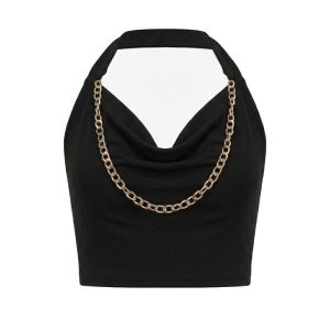 Asos Design cowl neck halter Crop top with chain back in black