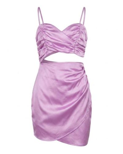 Flounce London Petite satin wrap bust mini dress with cut out in lilac