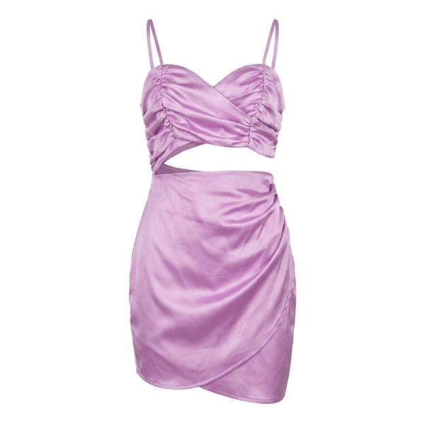 Flounce London Petite satin wrap bust mini dress with cut out in lilac