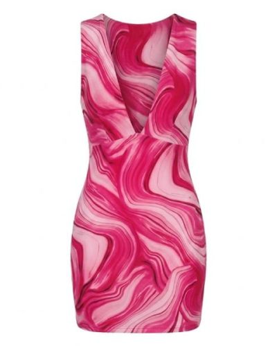 PUBLIC DESIRE DOUBLE LAYER SLINKY PLUNGE MINI DRESS IN FUSCHIA SWIRL