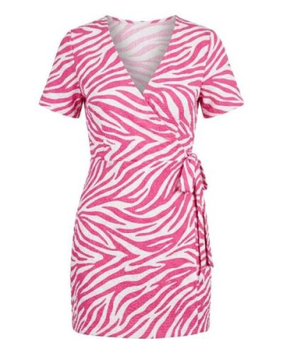 ASOS DESIGN textured short sleeve wrap mini dress in pink zebra