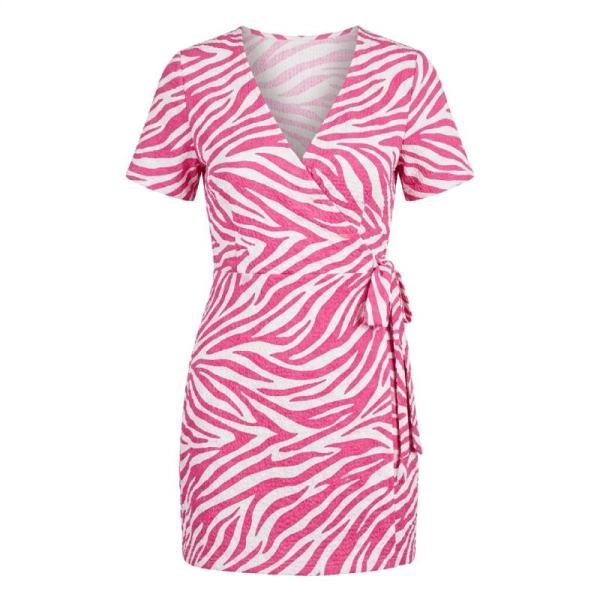 ASOS DESIGN textured short sleeve wrap mini dress in pink zebra