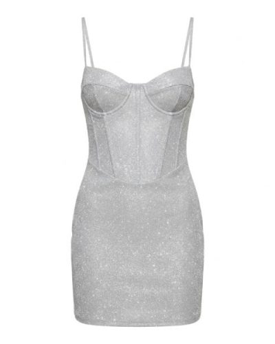 ASOS DESIGN Petite glitter corset wired cami mini dress in silver