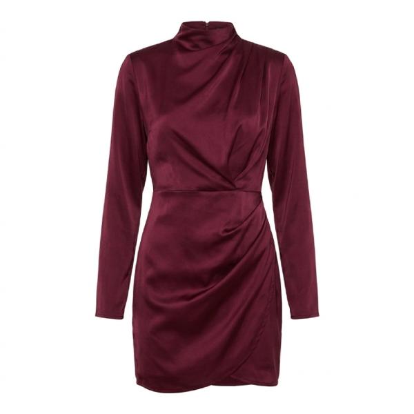 ASOS DESIGN Satin wrap neck drape mini dress in soft washed twill in wine