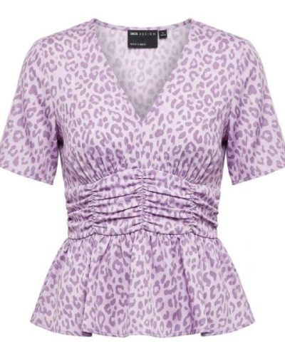 ASOS DESIGN Petite v neck tea blouse with ruched waist detail and peplum hem in lilac floral