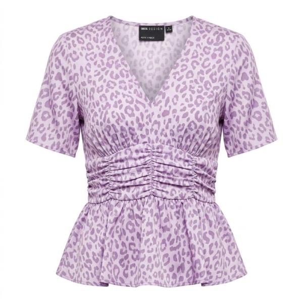 ASOS DESIGN Petite v neck tea blouse with ruched waist detail and peplum hem in lilac floral