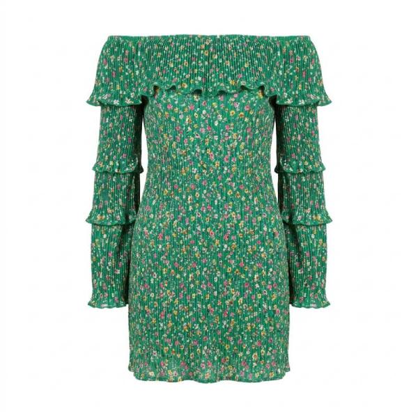 ASOS DESIGN plisse frill bardot mini dress with long sleeves in green and pink ditsy print