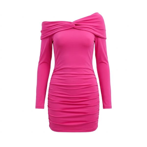 ASOS DESIGN Petite twist fallen shoulder ruch skirt mini dress in hot pink