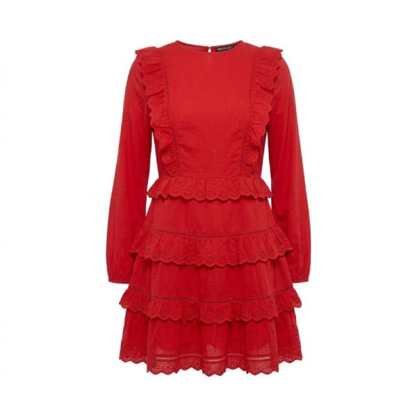 ASOS DESIGN long sleeve ruffle broderie trim mini dress in red