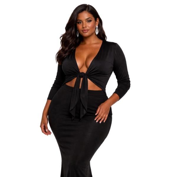 ASOS DESIGN curve glam plunge tie front in slinky in black