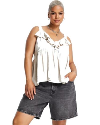 ASOS DESIGN Curve ruffle front cami in natural linen