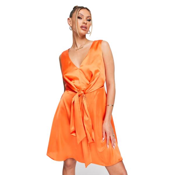 Flounce London cross wrap mini dress in dark orange satin