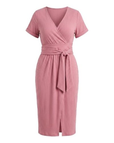 Boohoo Petite soft ribbed tie midi dress in pink