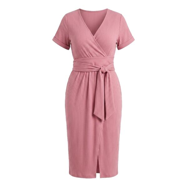 Boohoo Petite soft ribbed tie midi dress in pink