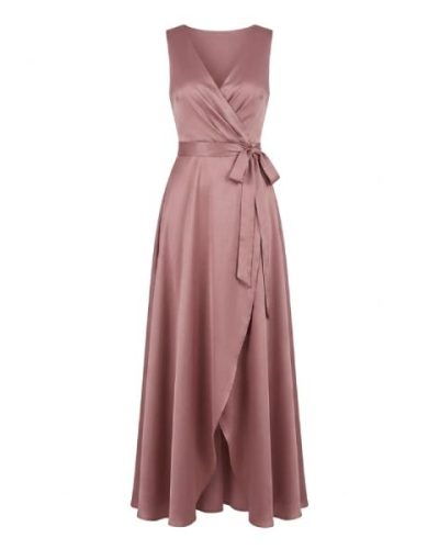 Liquorish bridesmaid satin wrap front maxi dress with wrap skirt in forever rose
