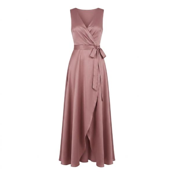 Liquorish bridesmaid satin wrap front maxi dress with wrap skirt in forever rose