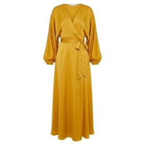 ASOS DESIGN satin maxi dress with batwing sleeve and wrap waist in mustard