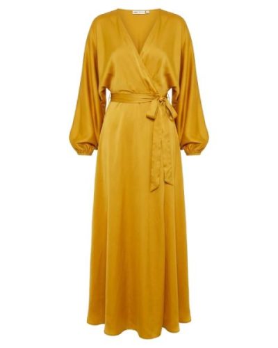 ASOS DESIGN satin maxi dress with batwing sleeve and wrap waist in mustard