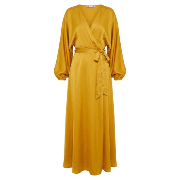 ASOS DESIGN satin maxi dress with batwing sleeve and wrap waist in mustard