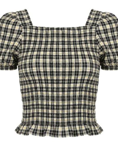 ASOS DESIGN crop top with shirred sleeves in check co-ord