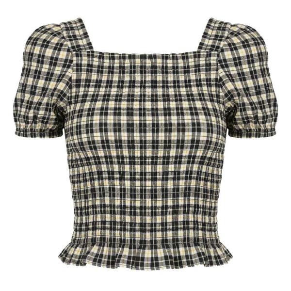 ASOS DESIGN crop top with shirred sleeves in check co-ord