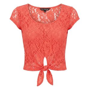 Miss Selfridge cap sleeve lace tie front top in coral