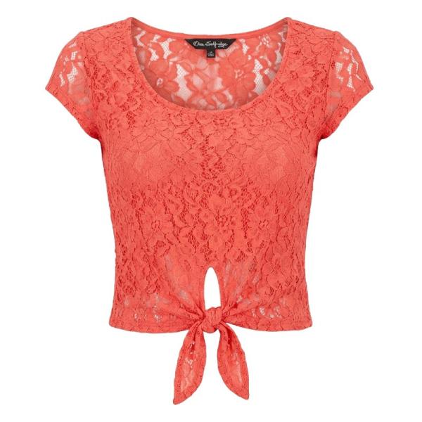 Miss Selfridge cap sleeve lace tie front top in coral