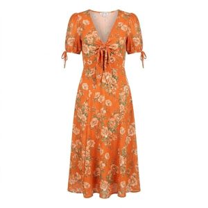 Lost ink tie-detail floral midi dress in orange