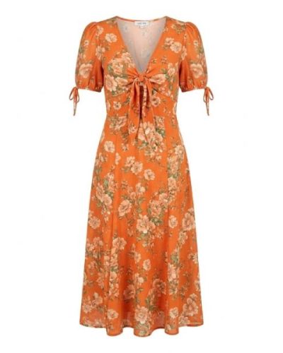 Lost ink tie-detail floral midi dress in orange