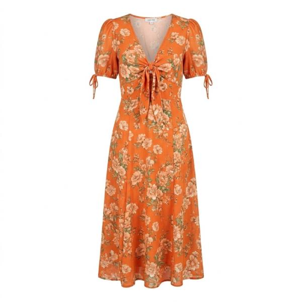 Lost ink tie-detail floral midi dress in orange
