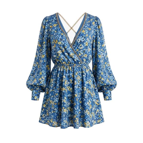 ASOS DESIGN blouson mini dress with chain strapping detail in blue floral